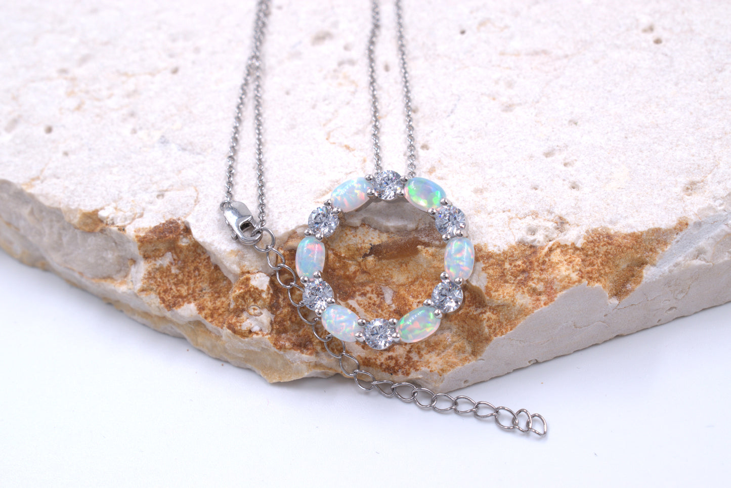 Sterling Silver Circle of Life Lab Grown White Opal Necklace (October Birthstone)