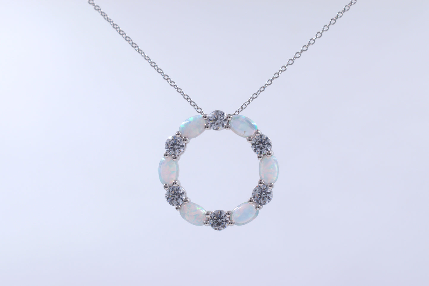Sterling Silver Circle of Life Lab Grown White Opal Necklace (October Birthstone)