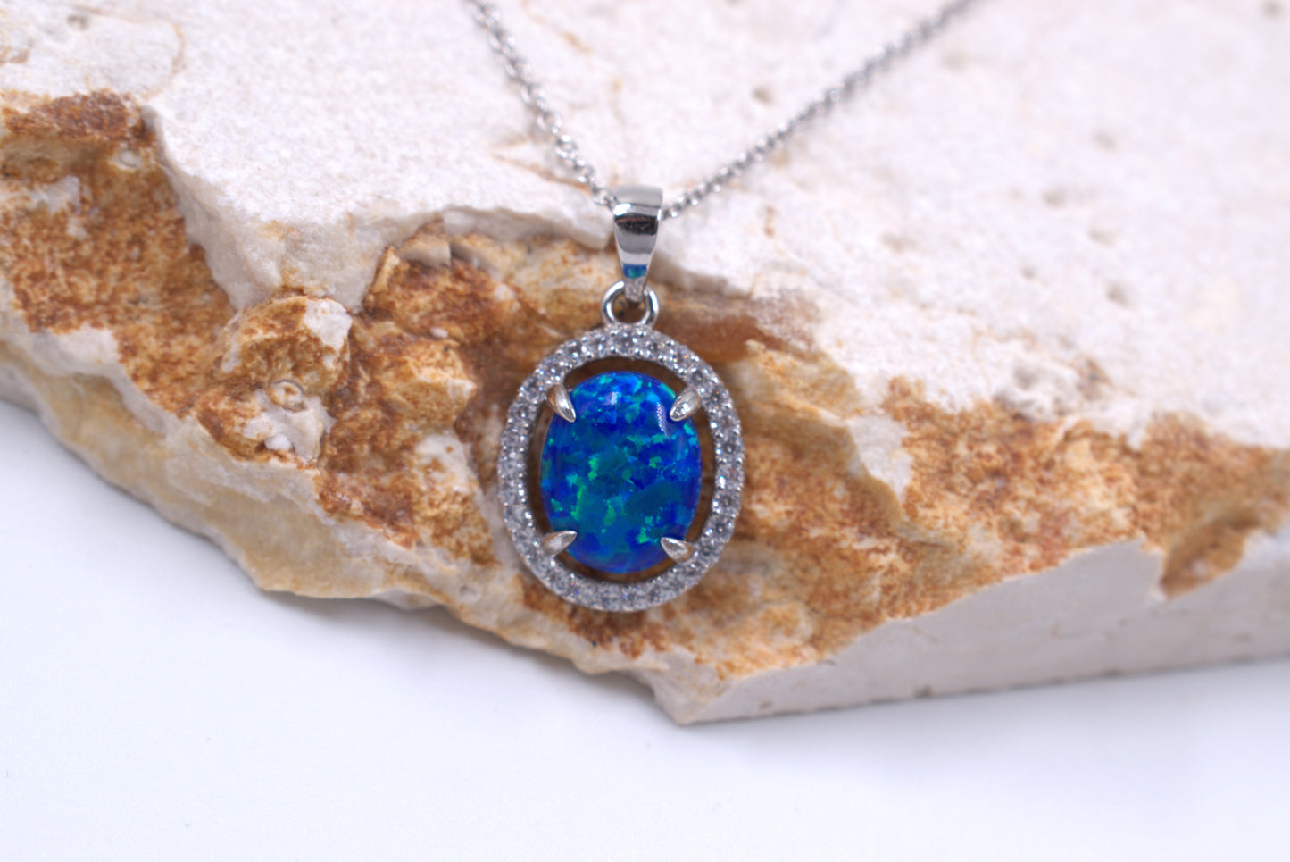 Sterling Silver Lab Grown Blue Opal with Halo (October Birthstone)