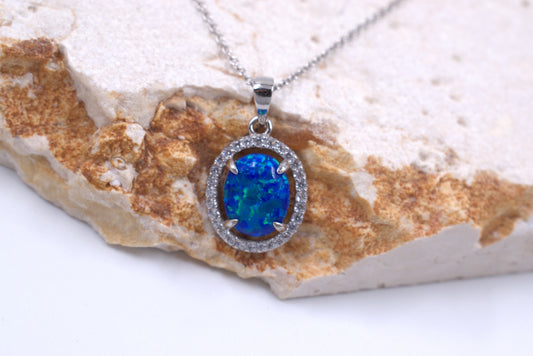 Sterling Silver Lab Grown Blue Opal with Halo (October Birthstone)