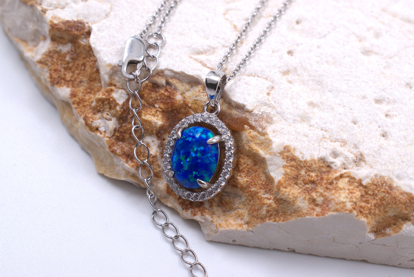 Sterling Silver Lab Grown Blue Opal with Halo (October Birthstone)