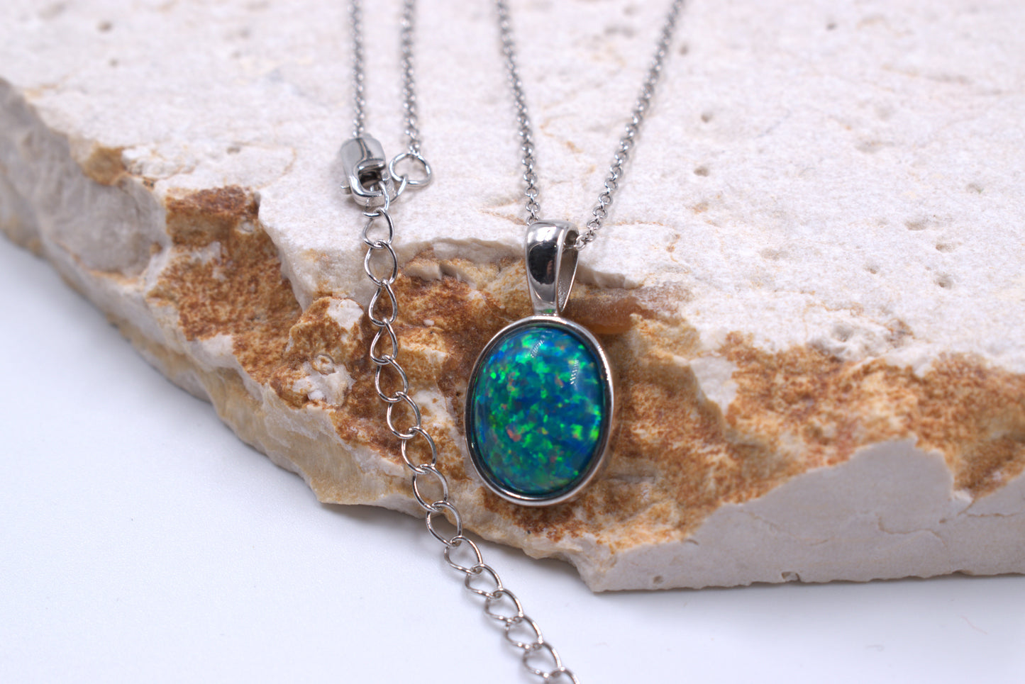 Sterling Silver Lab Grown Green Opal Tubeset Necklace (October Birthstone)