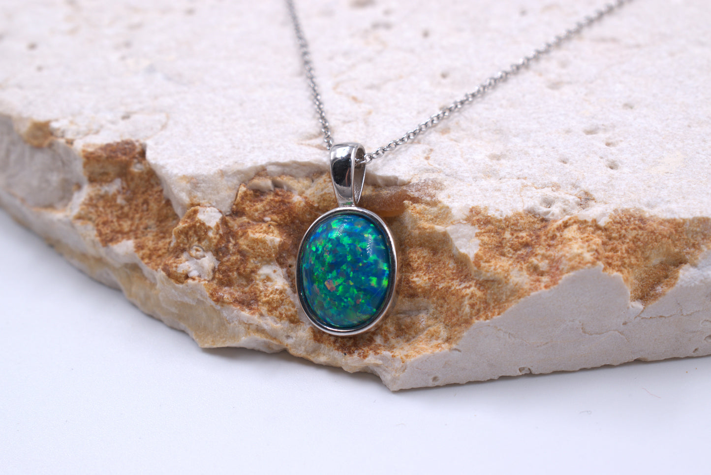 Sterling Silver Lab Grown Green Opal Tubeset Necklace (October Birthstone)