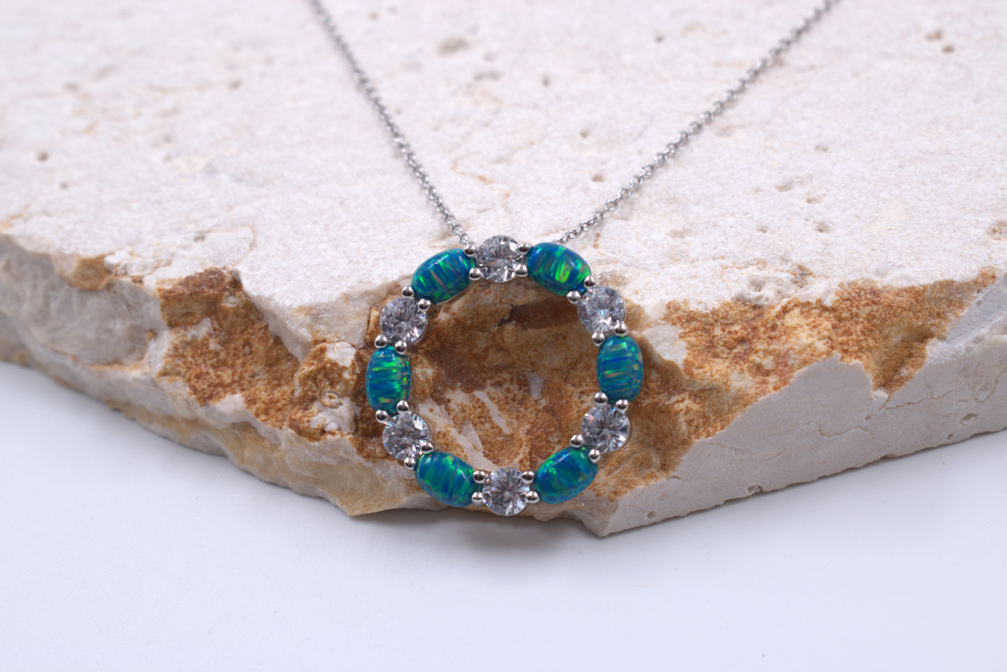 Sterling Silver Circle of Life Lab Grown Green Opal Necklace (October Birthstone)