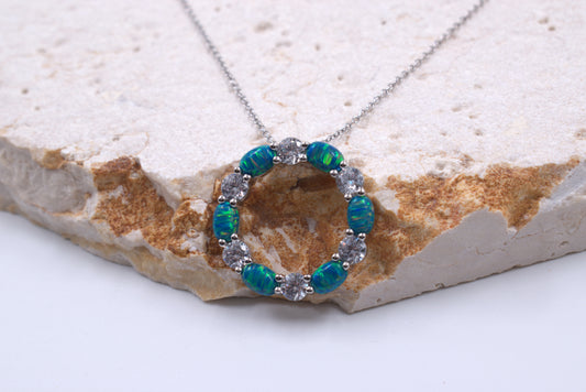Sterling Silver Circle of Life Lab Grown Green Opal Necklace (October Birthstone)