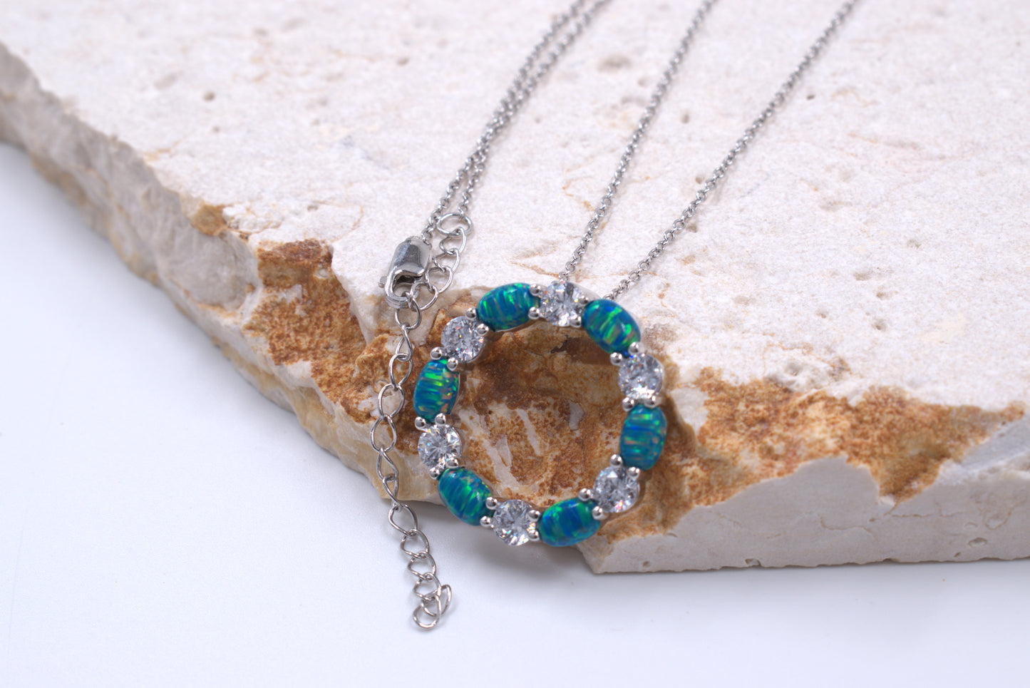 Sterling Silver Circle of Life Lab Grown Green Opal Necklace (October Birthstone)