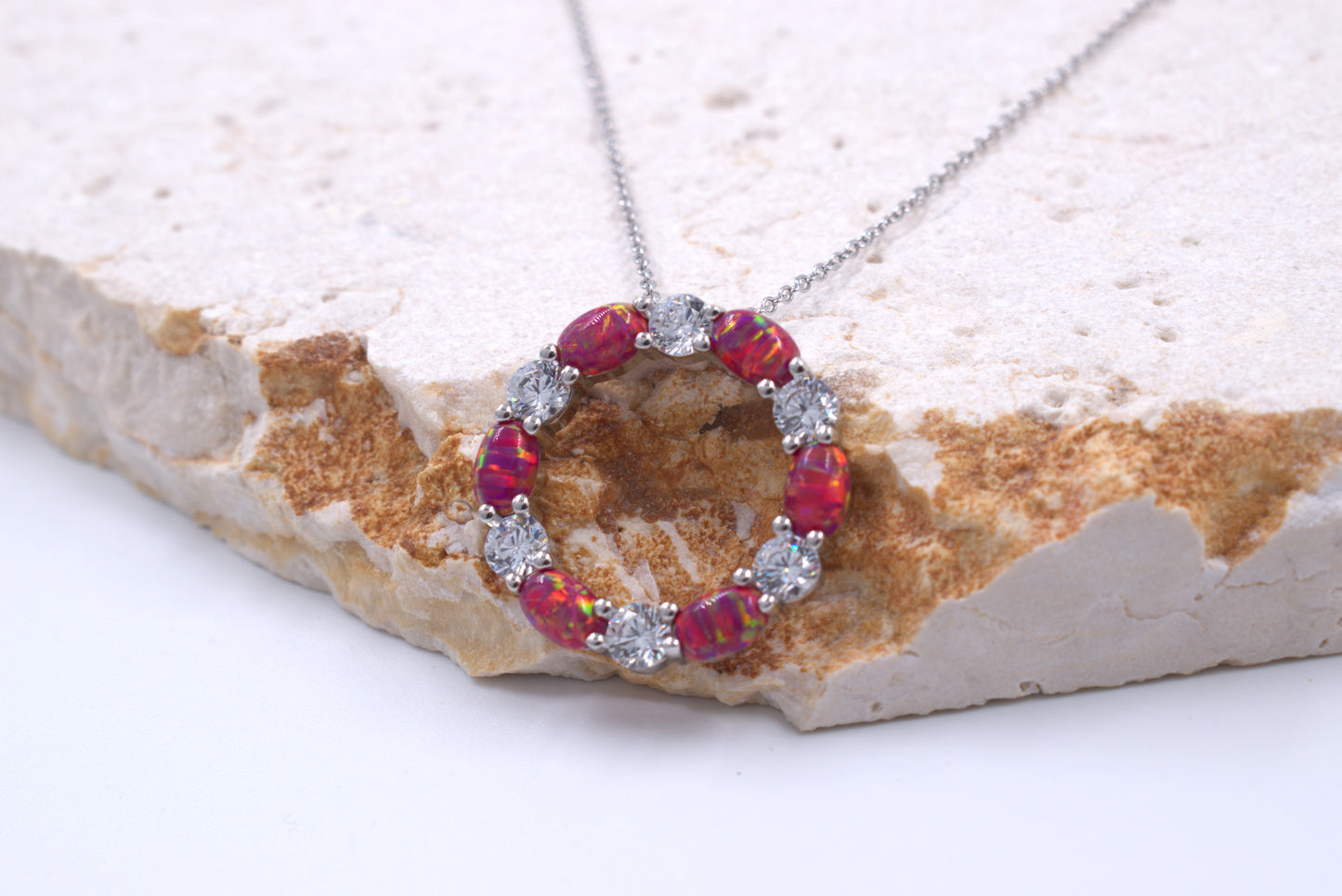 Sterling Silver Circle of Life Lab Grown Pink Opal Necklace (October Birthstone)