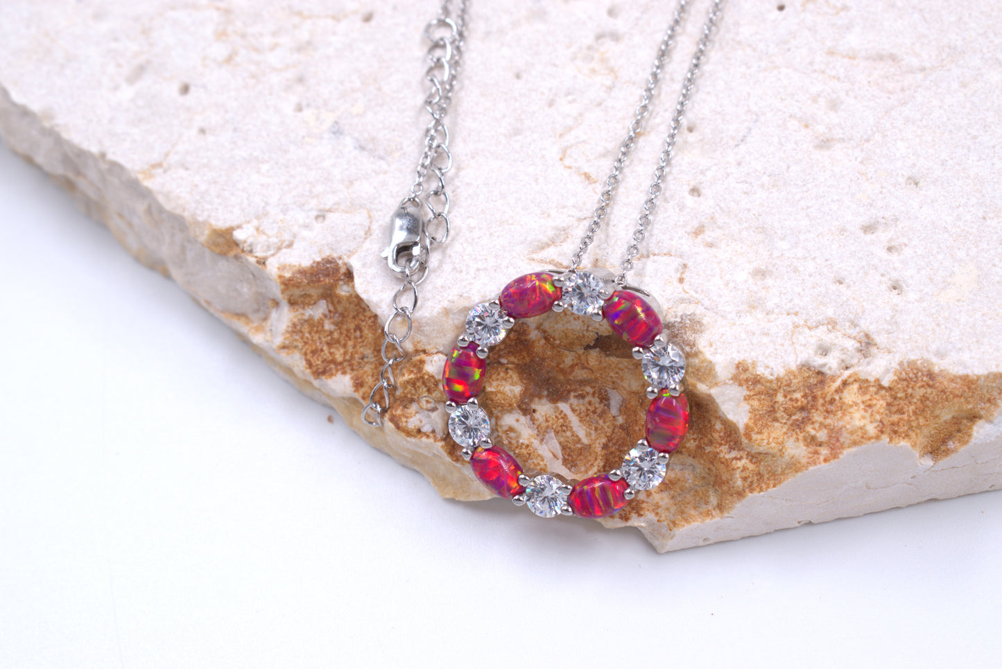 Sterling Silver Circle of Life Lab Grown Pink Opal Necklace (October Birthstone)