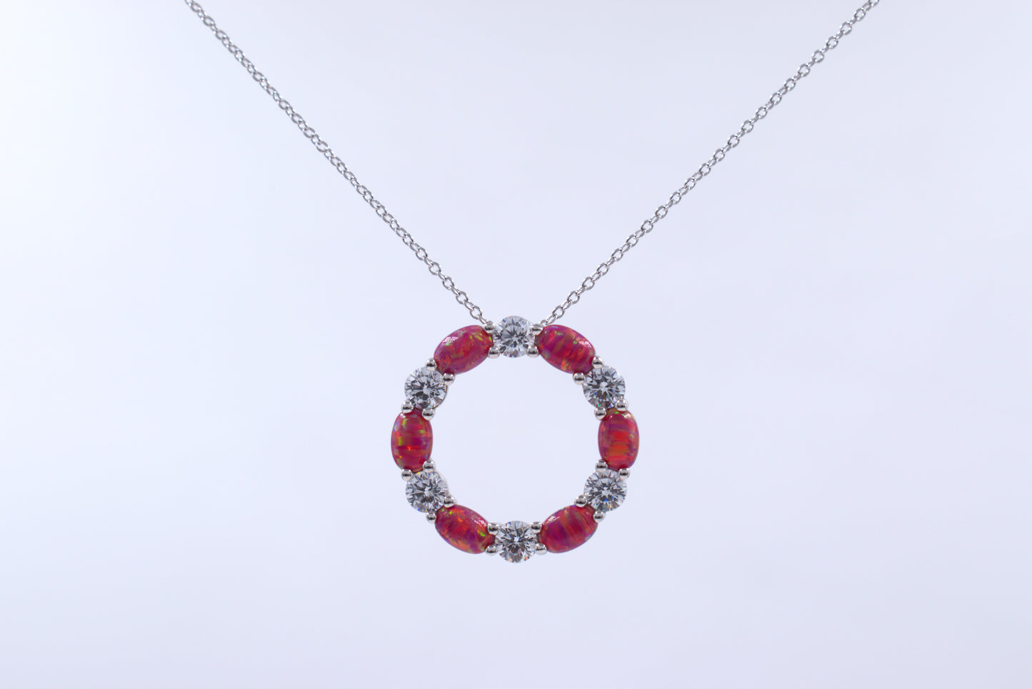 Sterling Silver Circle of Life Lab Grown Pink Opal Necklace (October Birthstone)