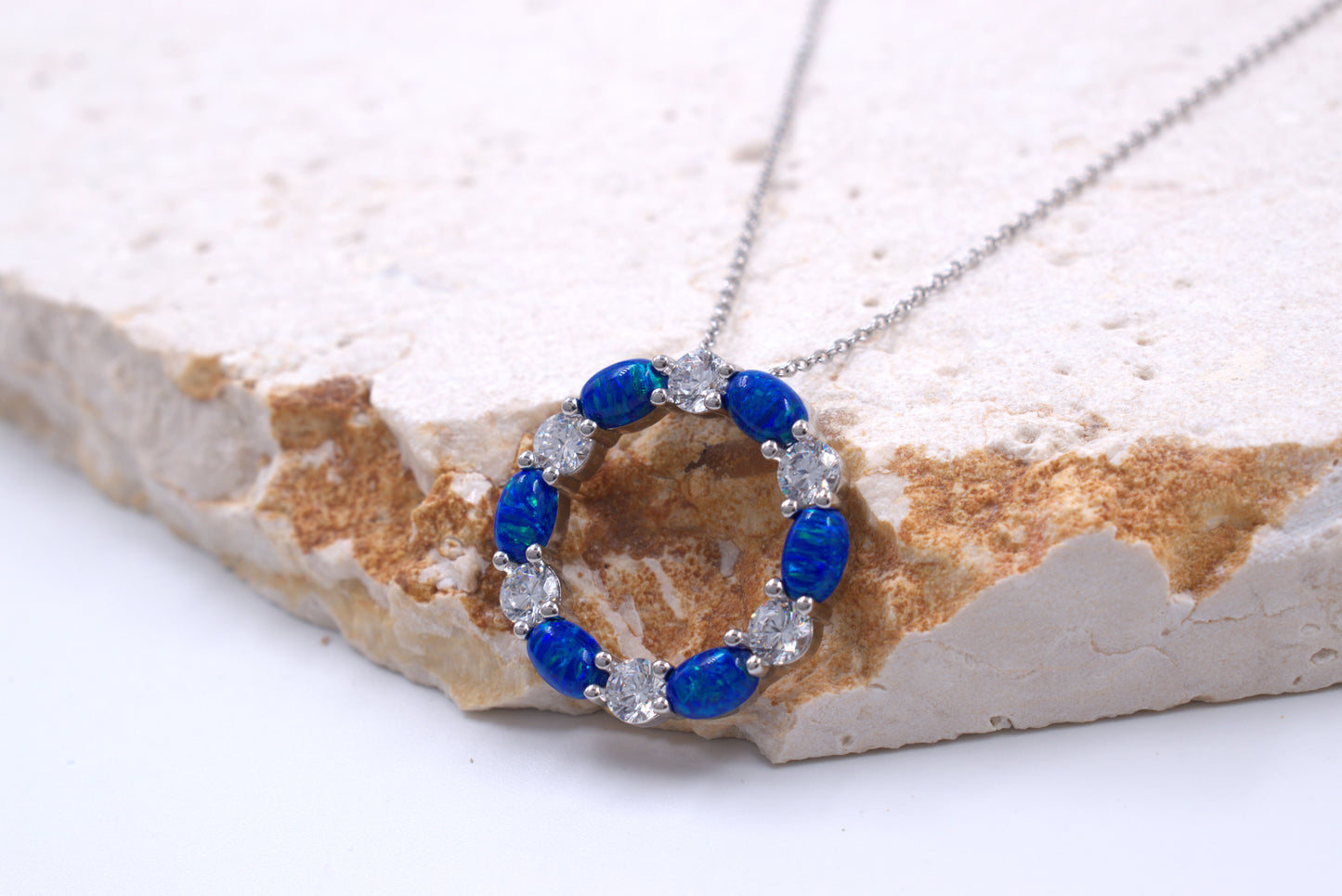 Sterling Silver Circle of Life Lab Grown Blue Opal Necklace (October Birthstone)