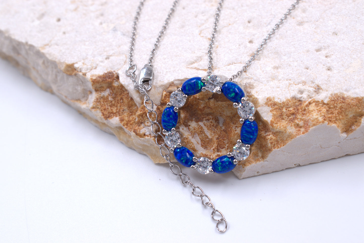 Sterling Silver Circle of Life Lab Grown Blue Opal Necklace (October Birthstone)
