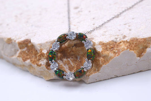 Sterling Silver Circle of Life Lab Grown Dark Green Opal Necklace (October Birthstone)