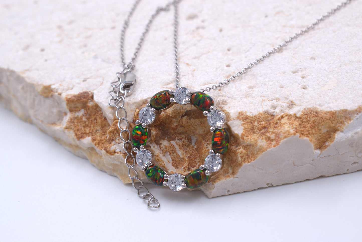 Sterling Silver Circle of Life Lab Grown Dark Green Opal Necklace (October Birthstone)