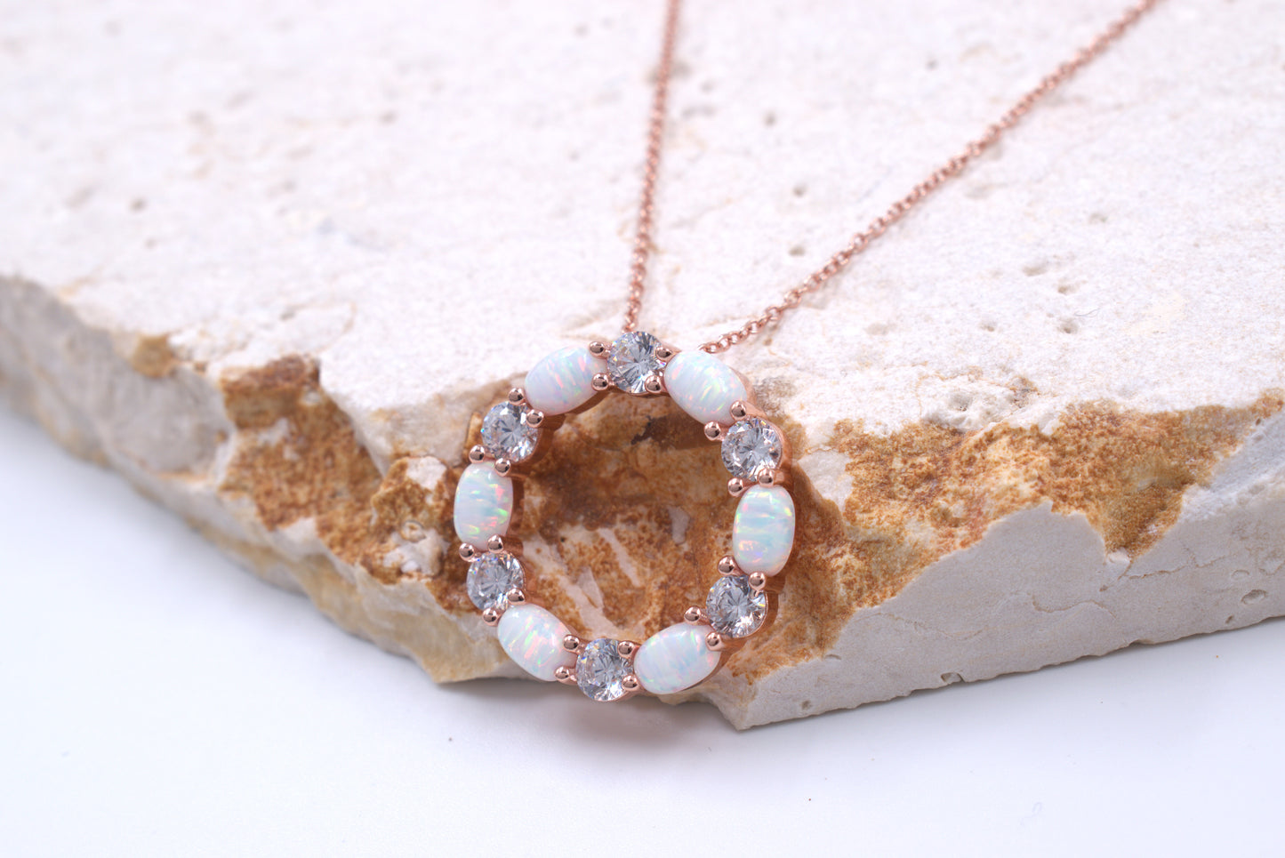Sterling Silver Rose Gold Plated Circle of Life Lab Grown White Opal Necklace (October Birthstone)