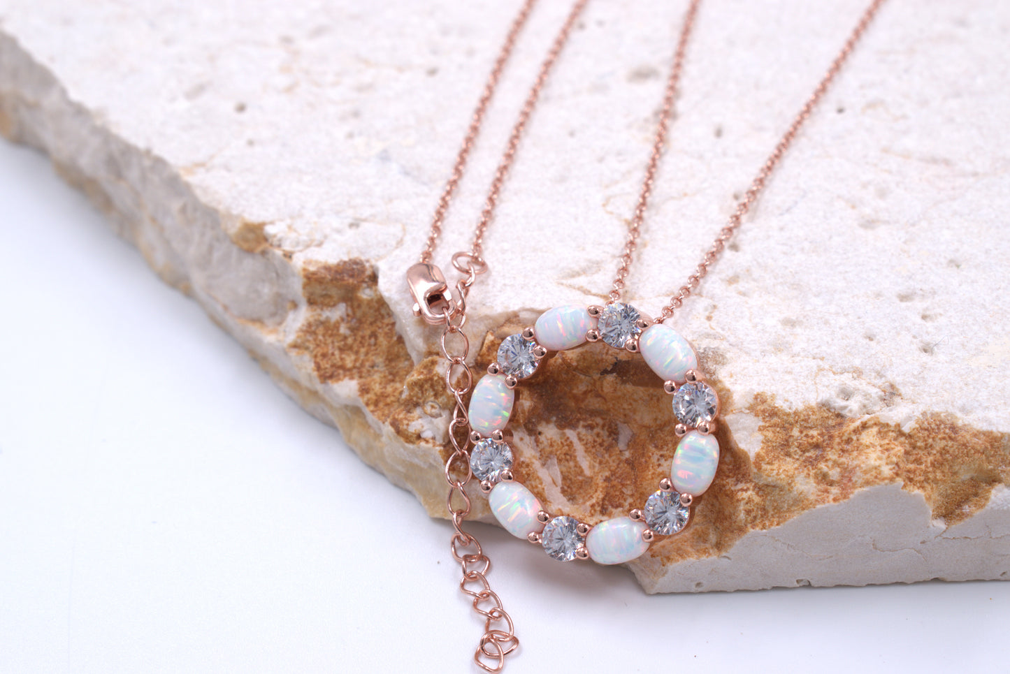 Sterling Silver Rose Gold Plated Circle of Life Lab Grown White Opal Necklace (October Birthstone)