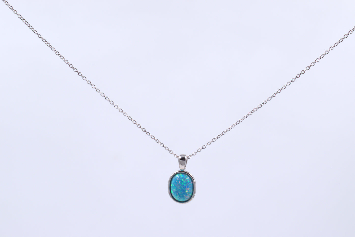Sterling Silver Lab Grown Light Blue Opal Tubeset Necklace (October Birthstone)