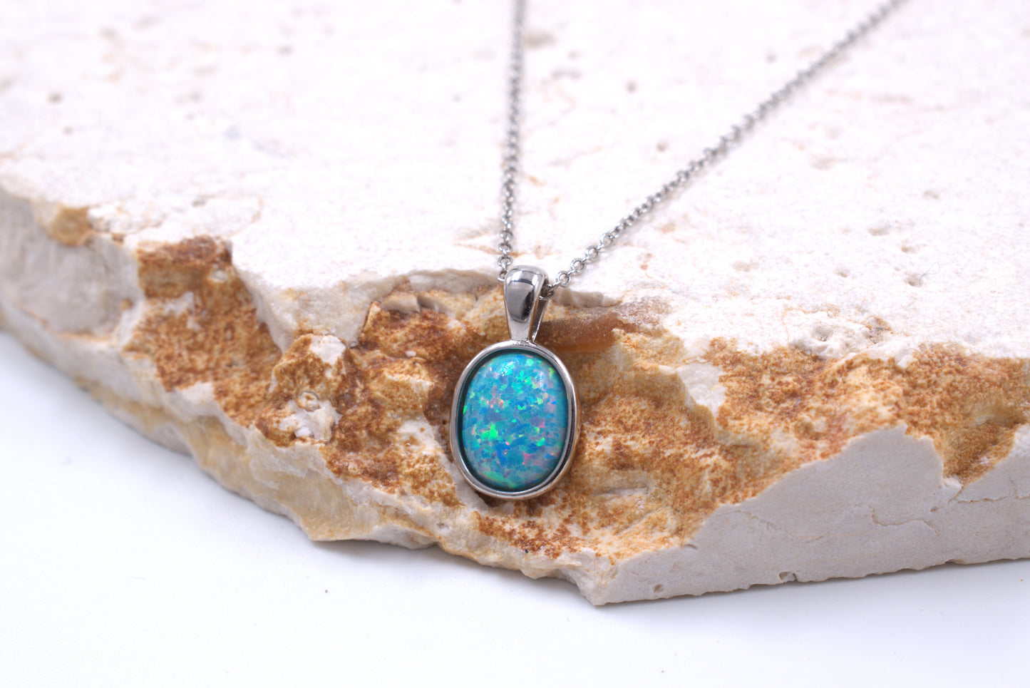 Sterling Silver Lab Grown Light Blue Opal Tubeset Necklace (October Birthstone)