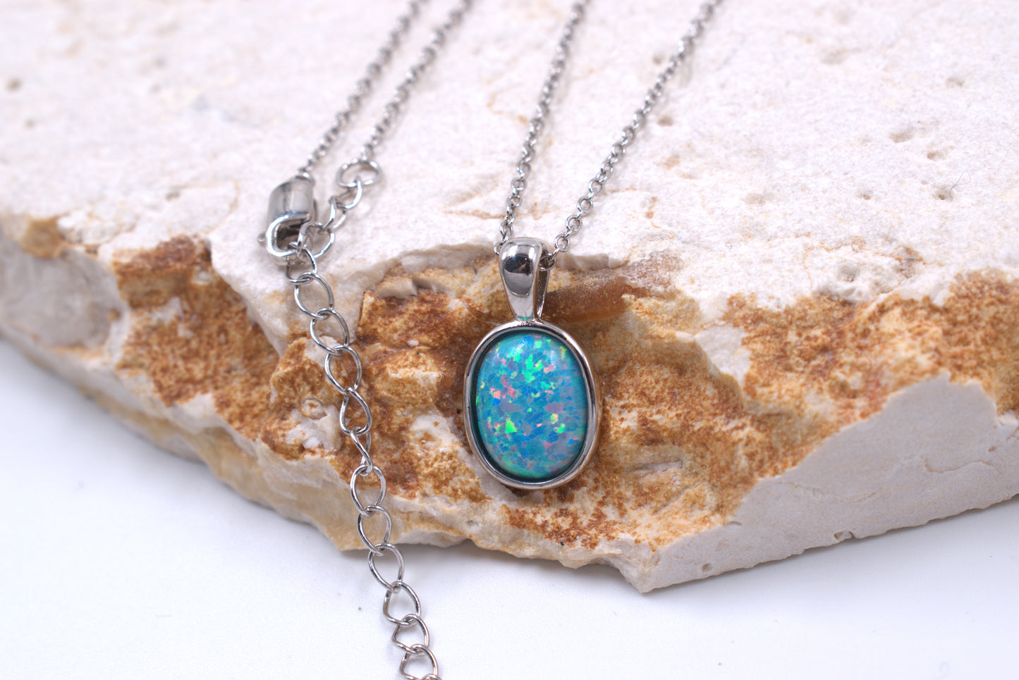 Sterling Silver Lab Grown Light Blue Opal Tubeset Necklace (October Birthstone)