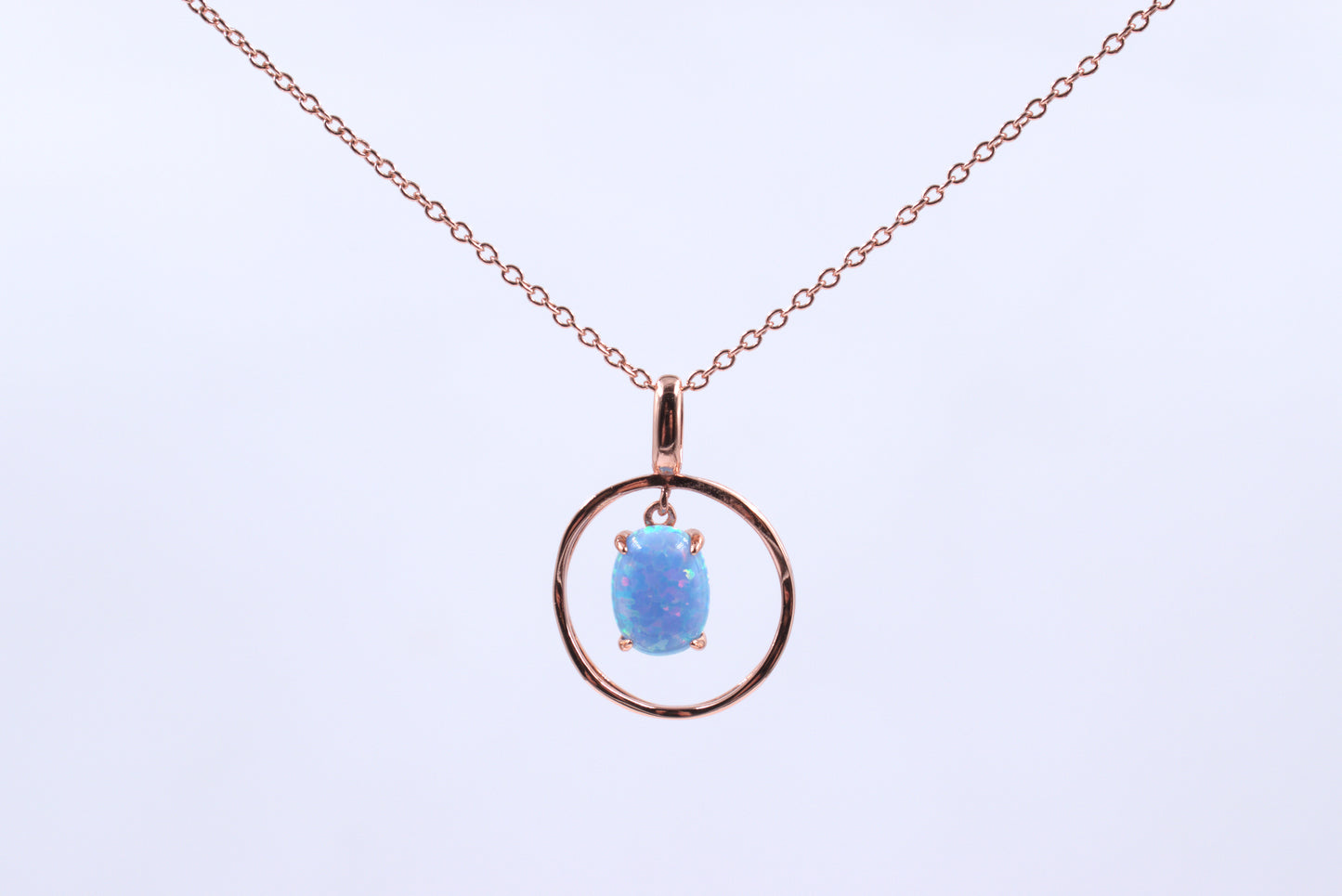 Sterling Silver Rose Gold Plated Lab Grown Light Blue Opal Necklace (October Birthstone)