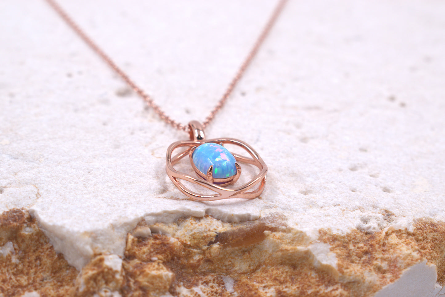Sterling Silver Rose Gold Plated Lab Grown Light Blue Opal Necklace (October Birthstone)