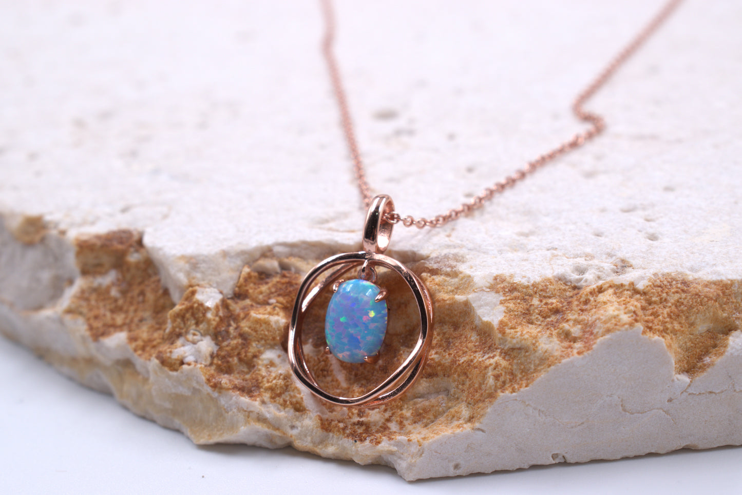 Sterling Silver Rose Gold Plated Lab Grown Light Blue Opal Necklace (October Birthstone)