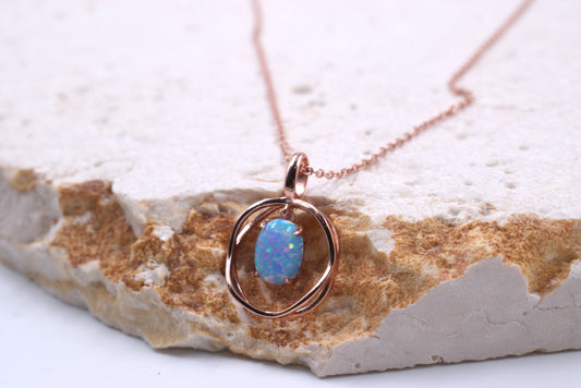 Sterling Silver Rose Gold Plated Lab Grown Light Blue Opal Necklace (October Birthstone)