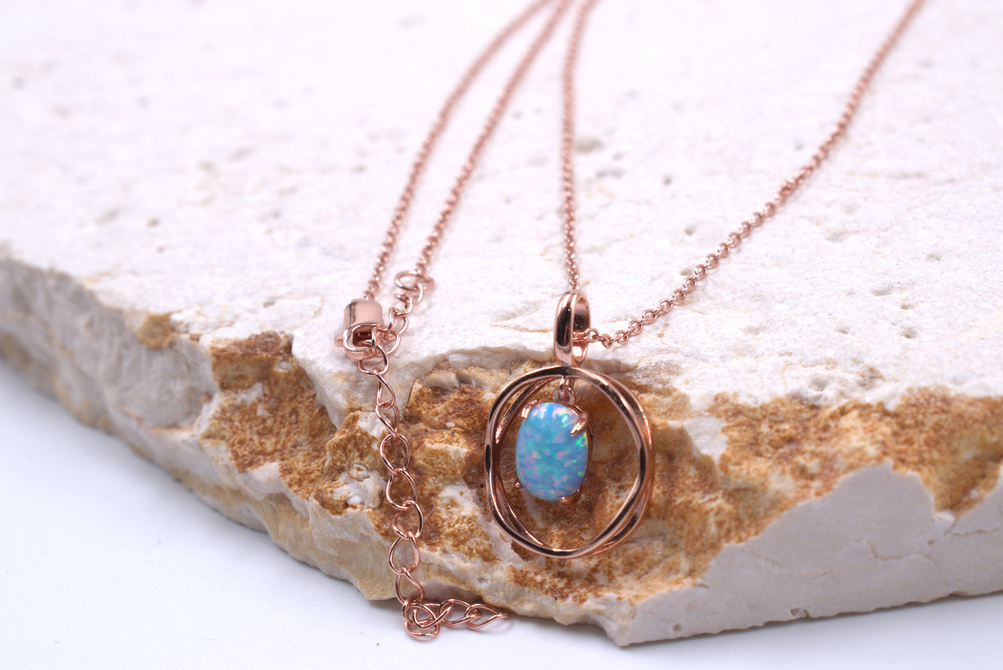 Sterling Silver Rose Gold Plated Lab Grown Light Blue Opal Necklace (October Birthstone)