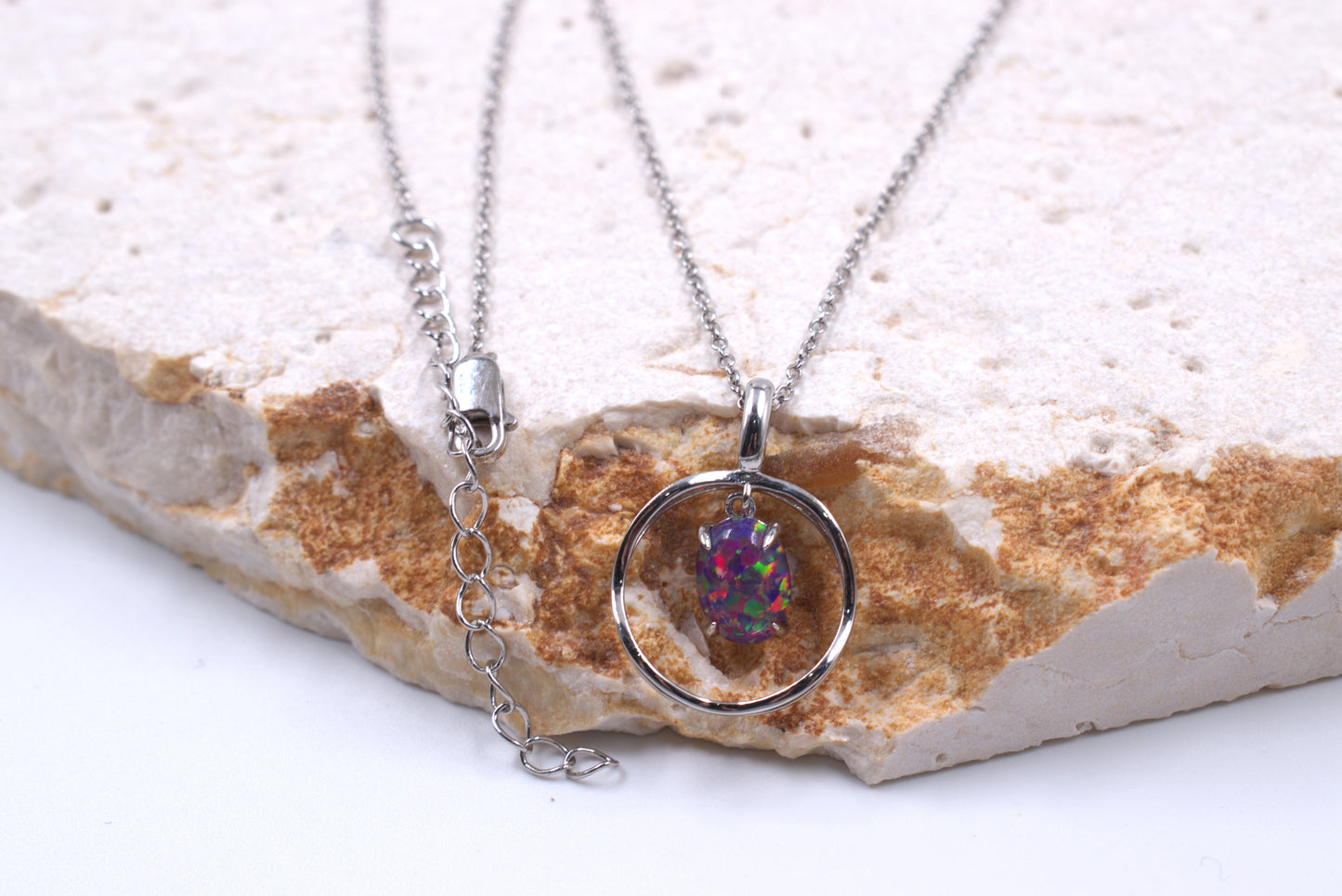 Sterling Silver Lab Grown Purple Opal Necklace (October Birthstone)