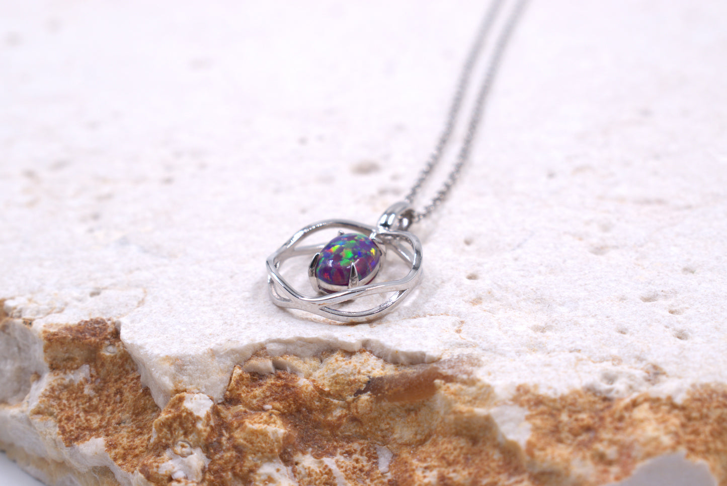 Sterling Silver Lab Grown Purple Opal Necklace (October Birthstone)