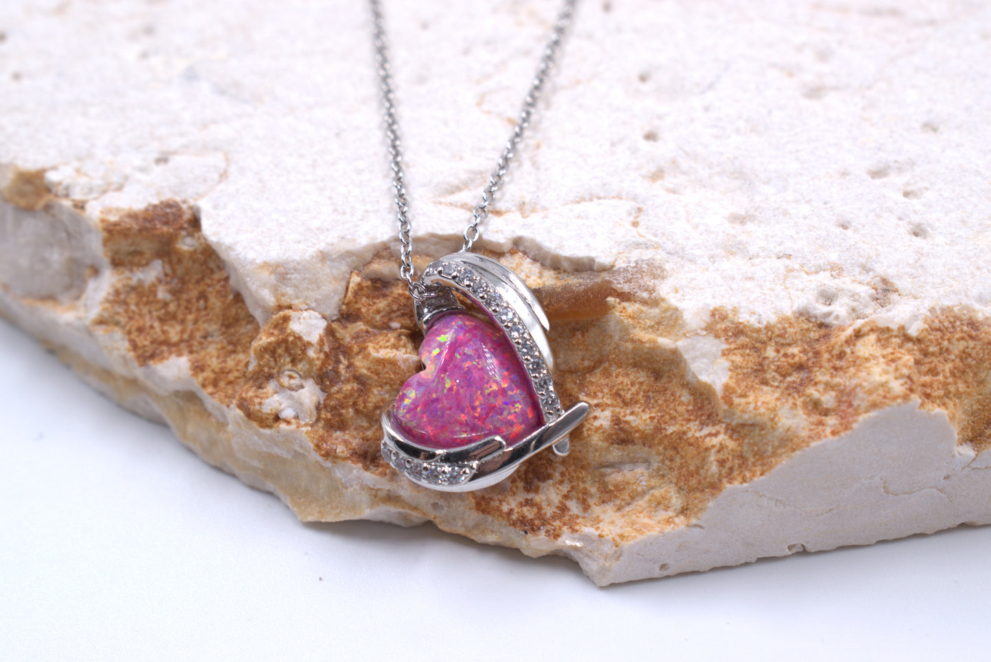 Sterling Silver Lab Grown Pink Heart Opal Necklace (October Necklace)