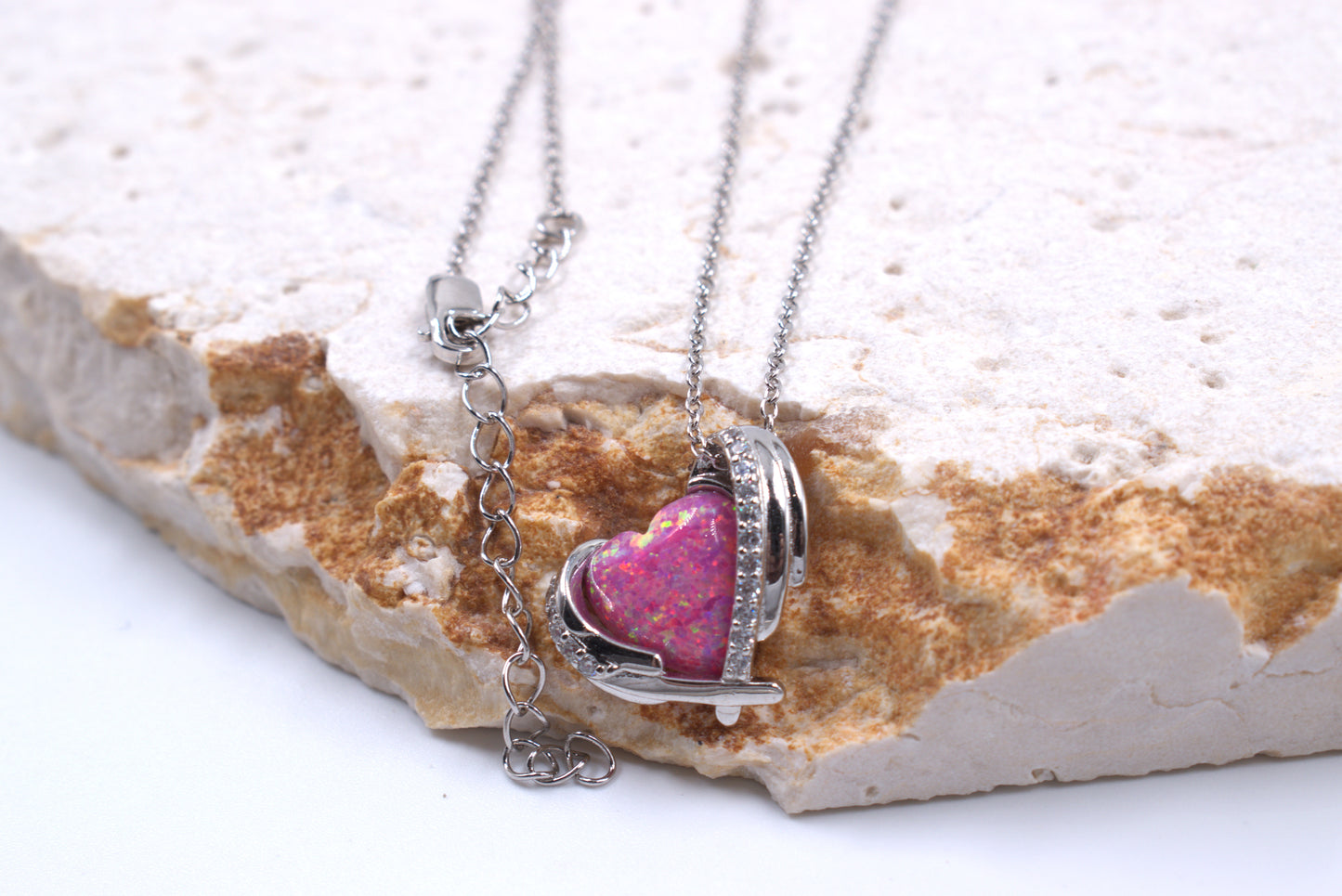 Sterling Silver Lab Grown Pink Heart Opal Necklace (October Necklace)