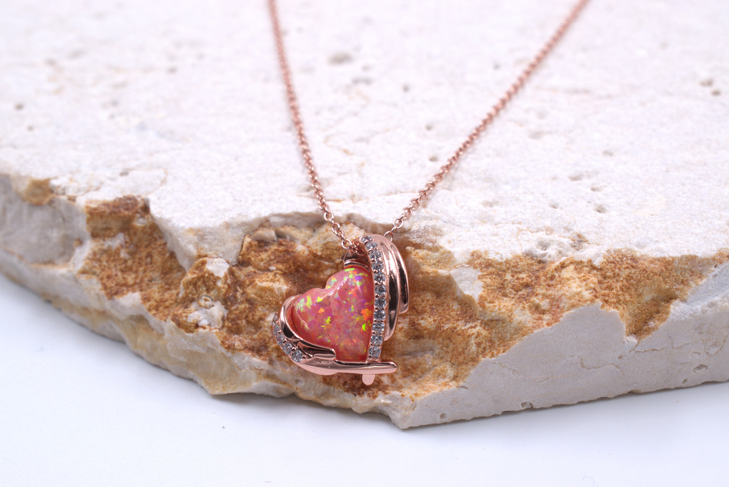 Sterling Silver Rose Gold Plated Lab Grown Pink Heart Opal Necklace (October Necklace)