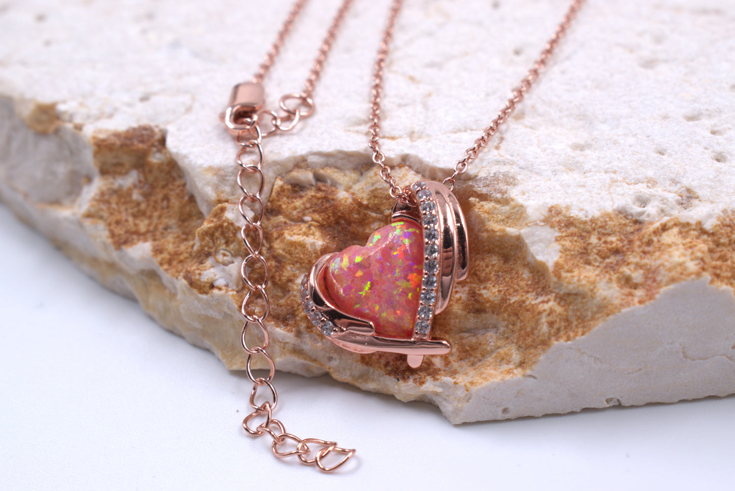 Sterling Silver Rose Gold Plated Lab Grown Pink Heart Opal Necklace (October Necklace)