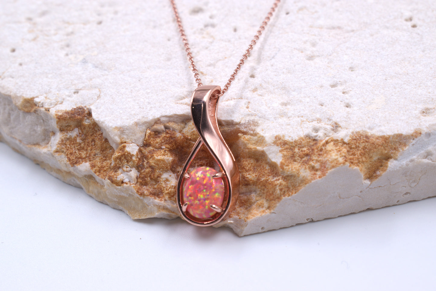 Sterling Silver Rose Gold Plated Lab Grown Pink Opal Necklace (October Birthstone)