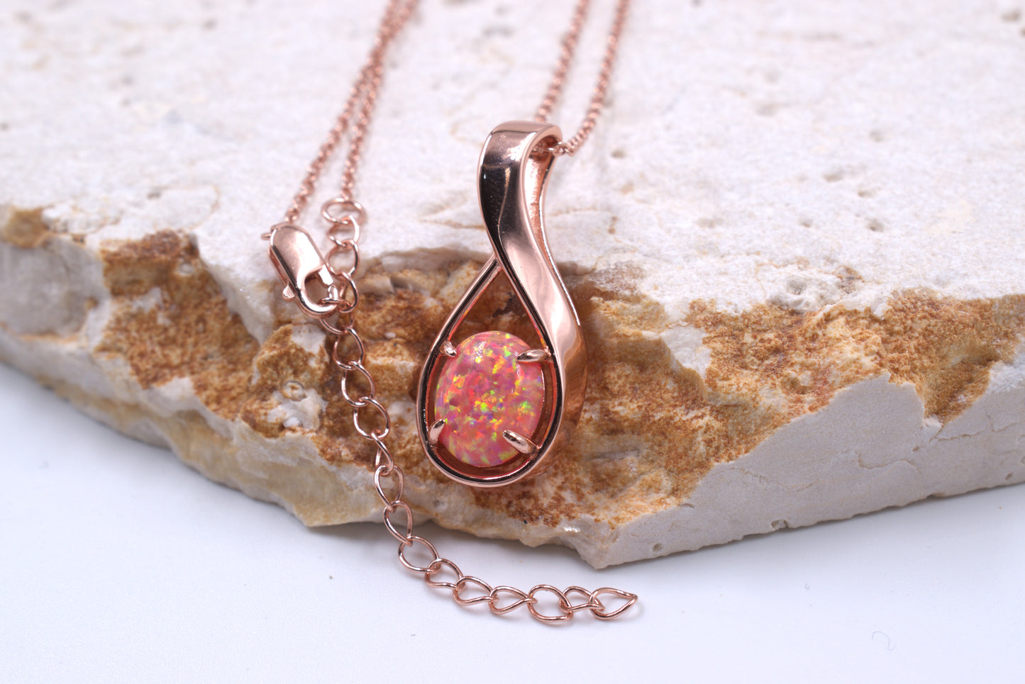 Sterling Silver Rose Gold Plated Lab Grown Pink Opal Necklace (October Birthstone)