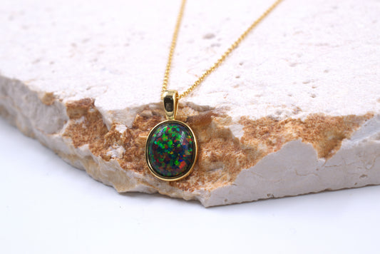 Sterling Silver Yellow Gold Plated Lab Grown Dark Green Opal Necklace (October Birthstone)