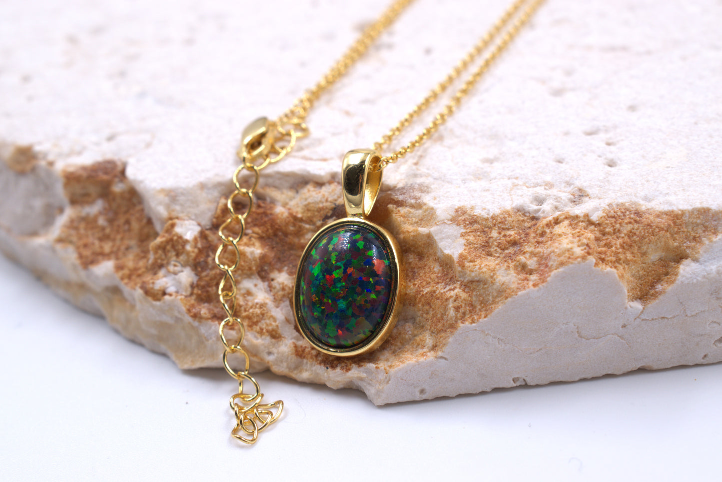 Sterling Silver Yellow Gold Plated Lab Grown Dark Green Opal Necklace (October Birthstone)
