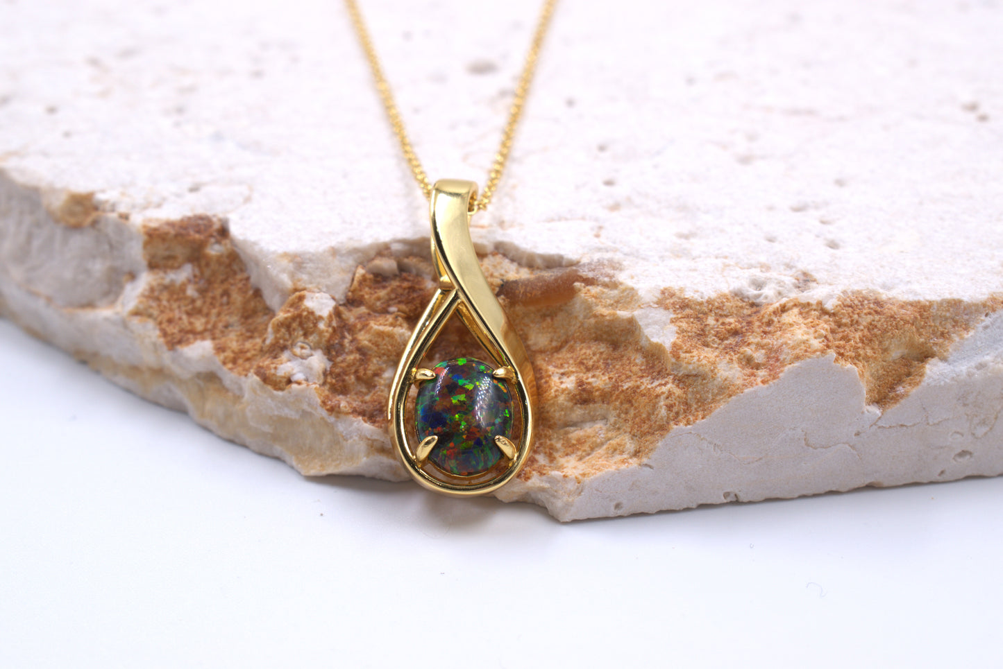 Sterling Silver Yellow Gold Plated Lab Grown Dark Green Opal Necklace (October Birthstone)
