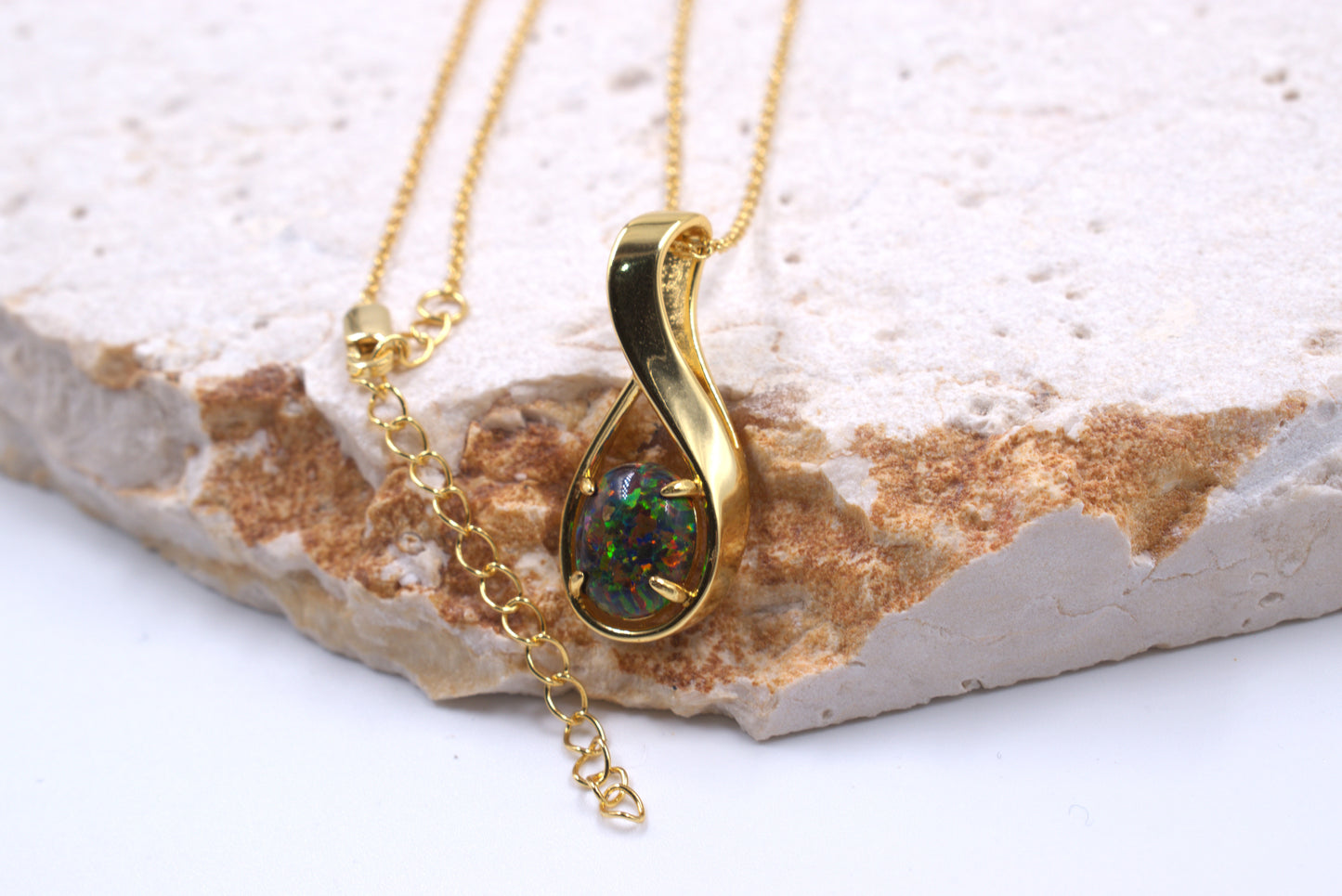 Sterling Silver Yellow Gold Plated Lab Grown Dark Green Opal Necklace (October Birthstone)