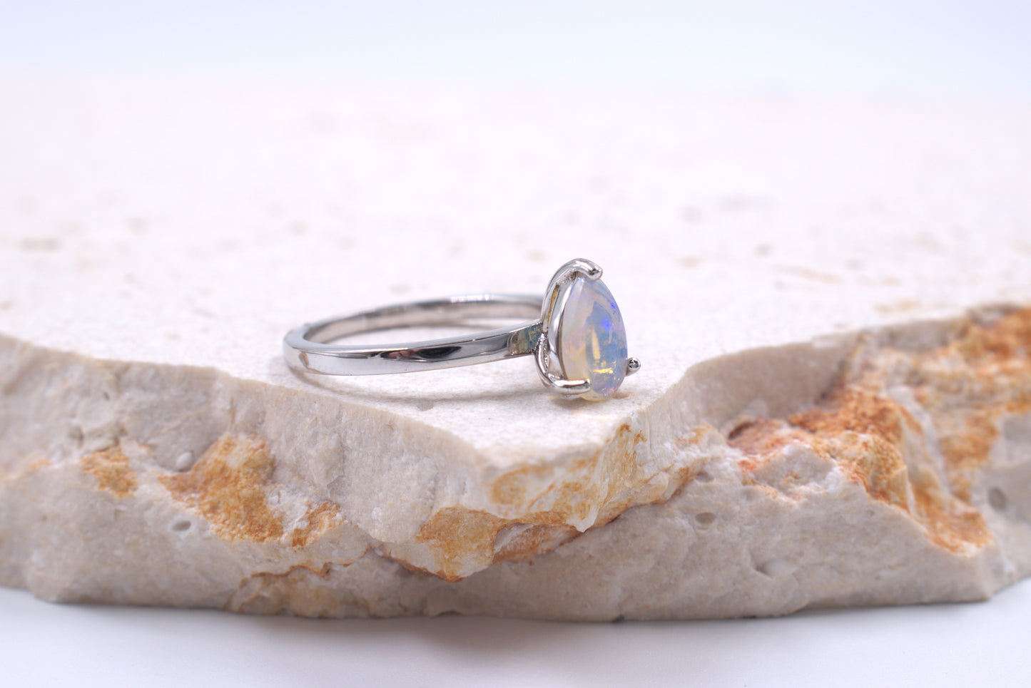 Sterling Silver Pear-shaped Australian Opal Solitaire style ring (October Birthstone)