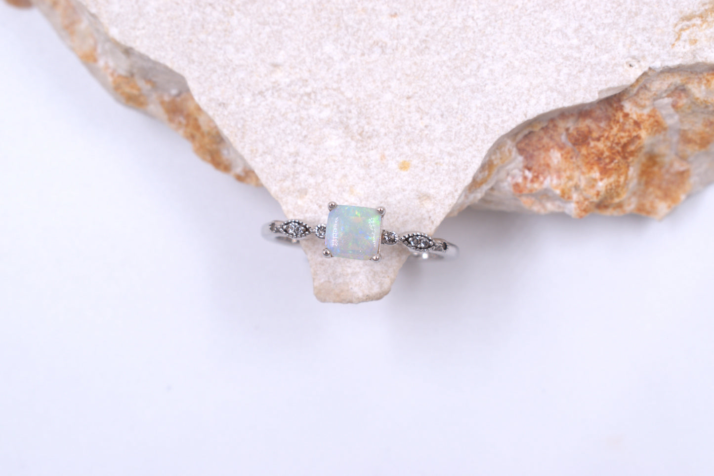 Sterling Silver Square Australian Opal Vintage style ring (October Birthstone)