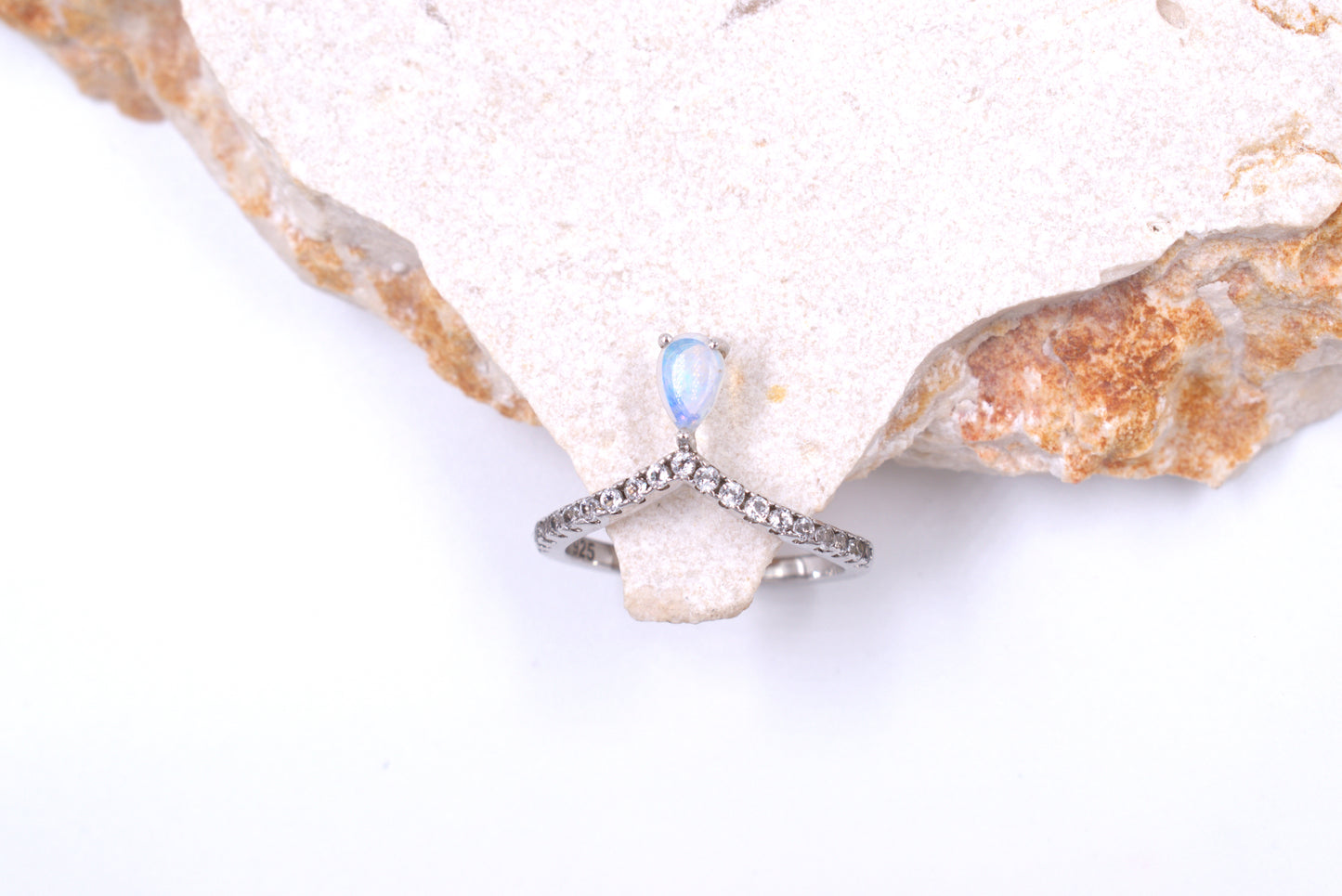 Sterling Silver V-shaped Eternity Ring with Pear-shaped Australian Opal (October Birthstone)