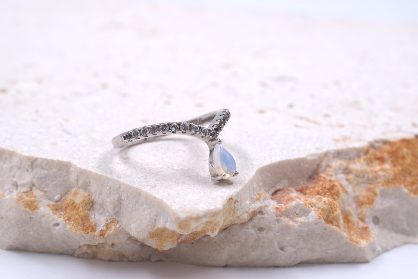 Sterling Silver V-shaped Eternity Ring with Pear-shaped Australian Opal (October Birthstone)