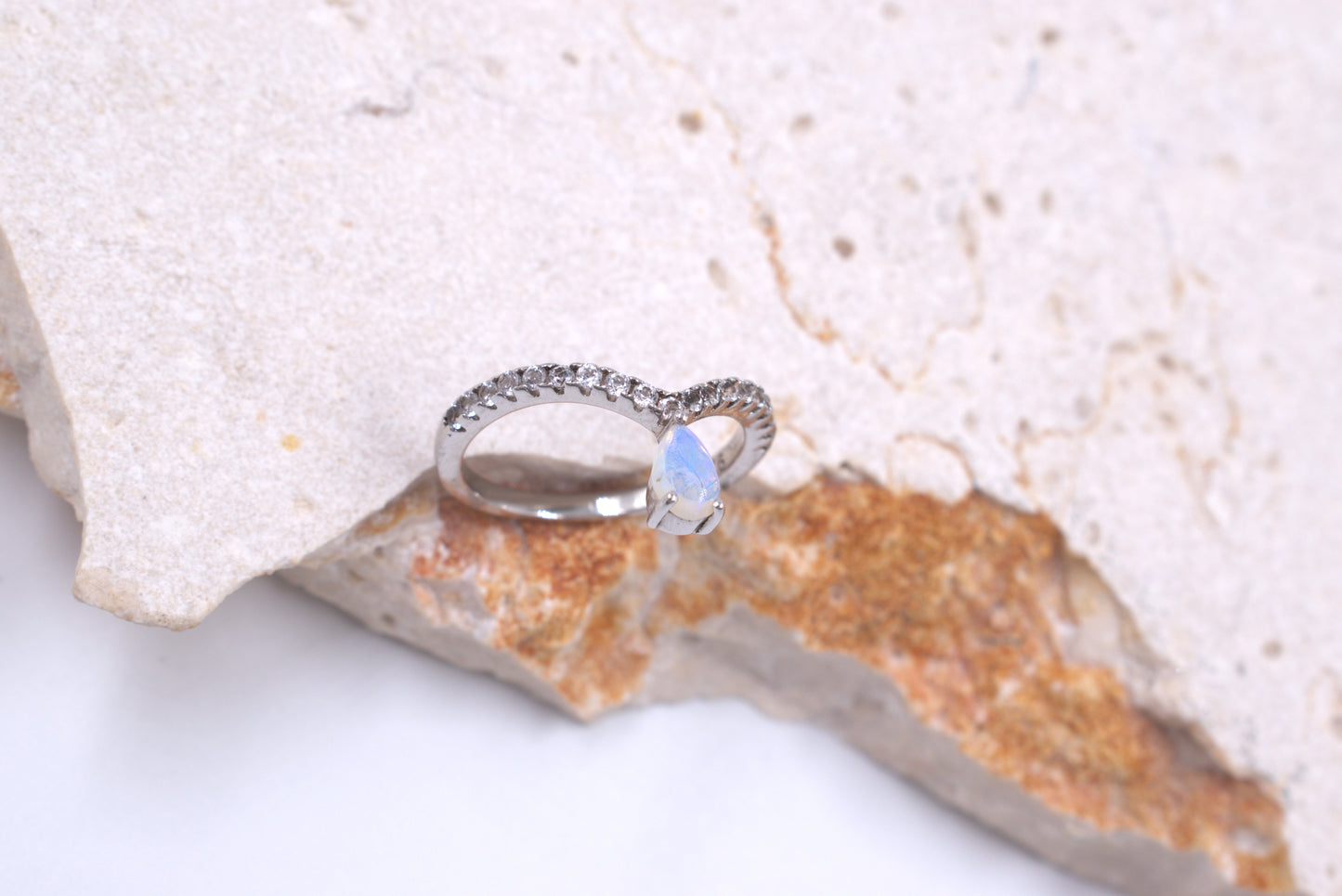 Sterling Silver V-shaped Eternity Ring with Pear-shaped Australian Opal (October Birthstone)