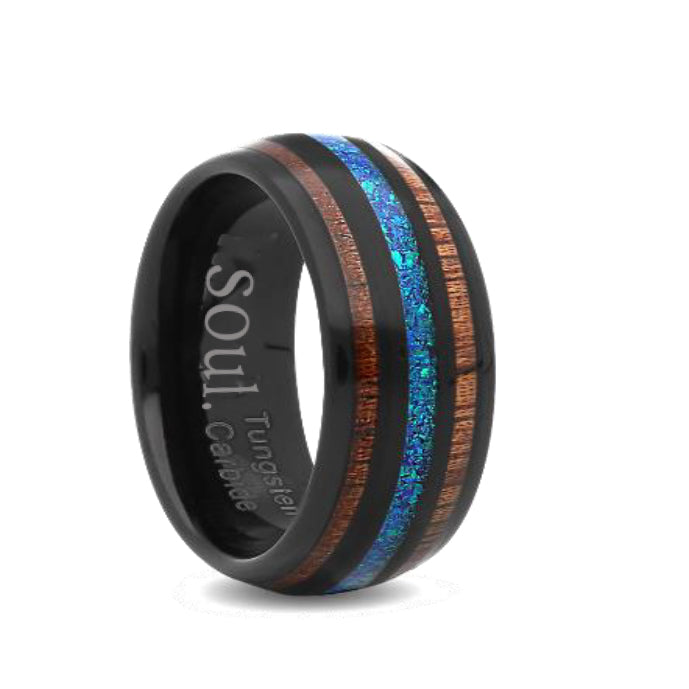 Black tungsten ring with wood and opal detail