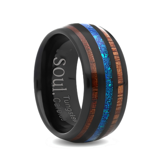 Black tungsten ring with wood and opal detail