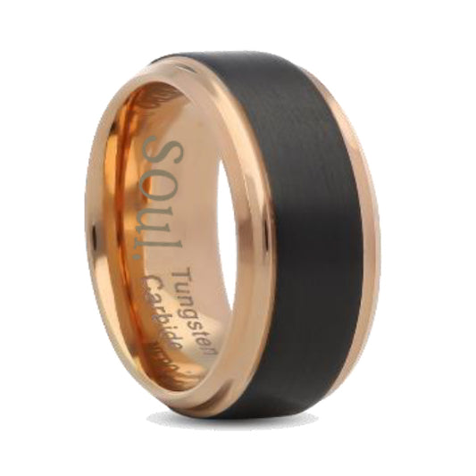 Black tungsten ring with rose gold detail