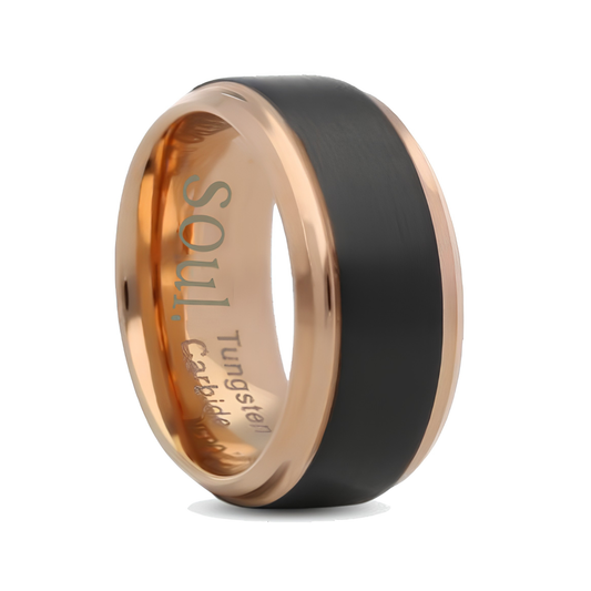 Black tungsten ring with rose gold detail