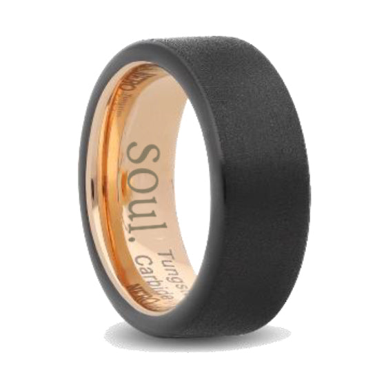 Black tungsten ring with rose gold detail