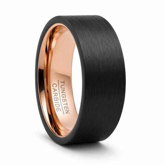 Black tungsten ring with rose gold detail